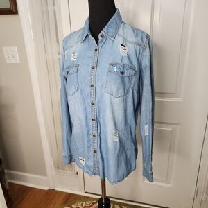 Women's Inso Active Wear Denim Distressed Long Sleeve Shirt ‎ Size Large